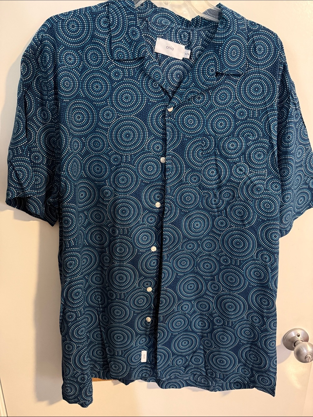Onia Teal Blue Dot-Ring Short-Sleeve Button-Up Shirt